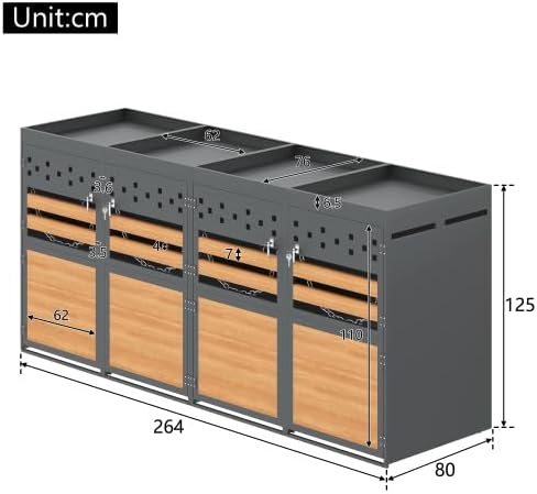Merax Mülltonnenbox 4er Set mit Pflanzdach, für 120-240 Liter, Anthrazit Tür in Holzoptik, Erweiterbar, Garten Aufbewahrungsbox für Mülltonnen — Ansicht 2