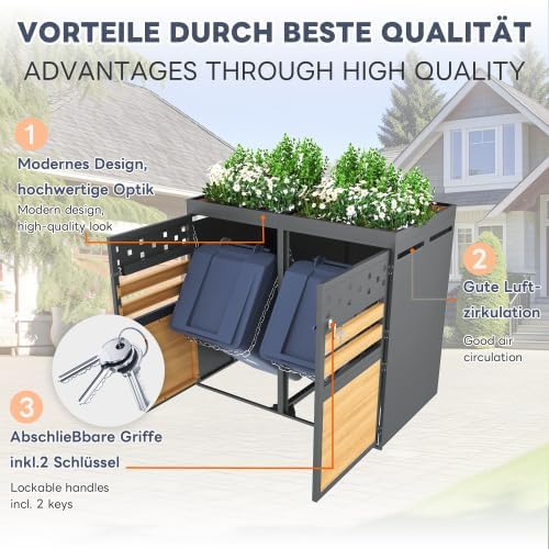 Merax Mülltonnenbox 4er Set mit Pflanzdach, für 120-240 Liter, Anthrazit Tür in Holzoptik, Erweiterbar, Garten Aufbewahrungsbox für Mülltonnen — Ansicht 3