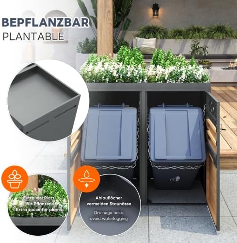 Merax Mülltonnenbox 4er Set mit Pflanzdach, für 120-240 Liter, Anthrazit Tür in Holzoptik, Erweiterbar, Garten Aufbewahrungsbox für Mülltonnen — Ansicht 5