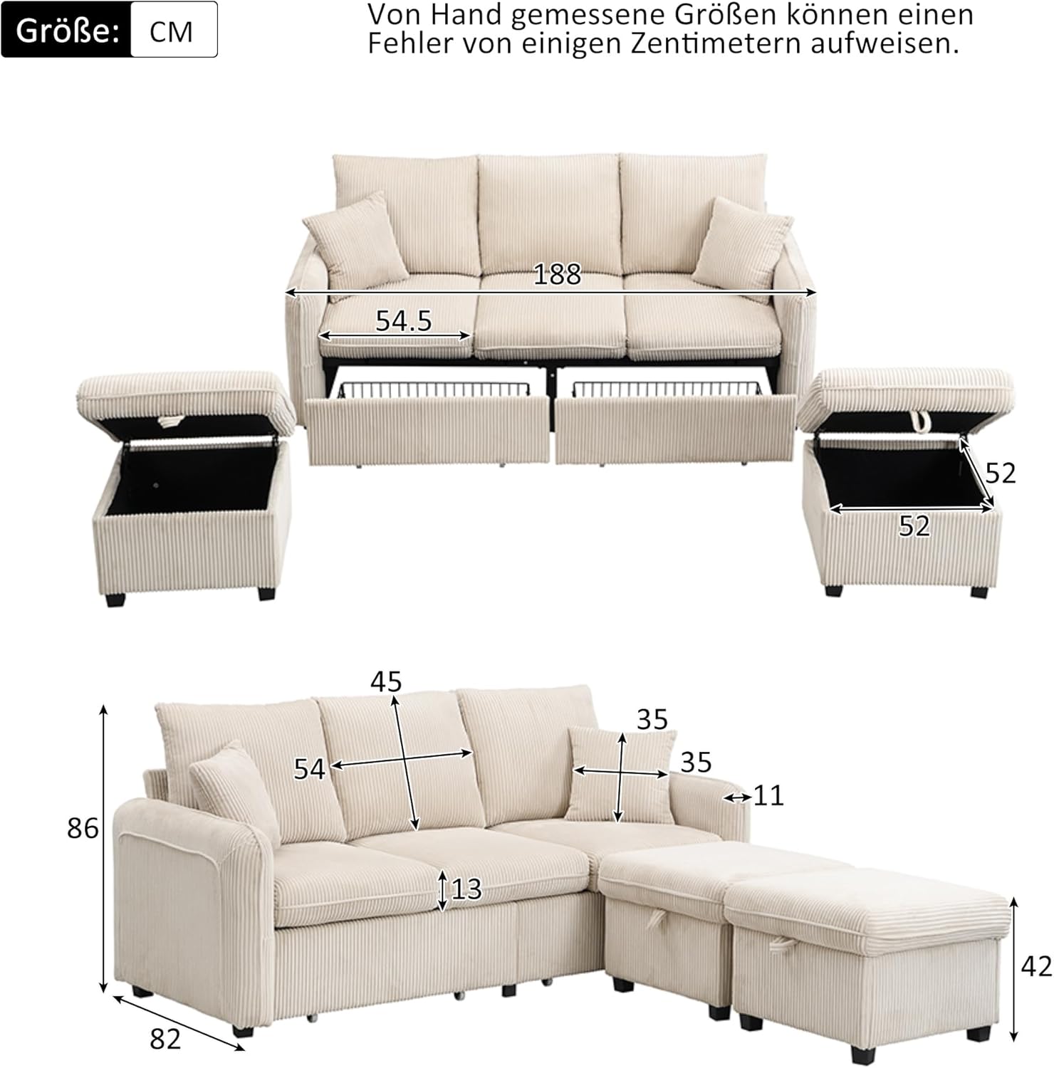 Merax Multifunktionales Ecksofa, 3-Sitzer Polster-Sofa mit Schlaffunktion, mit 2 Staufunktion Hocker, mit 2 Schubladen, modular zerlegbar, Cord-Stoff, für kleine Wohnungen, Beige — Ansicht 2