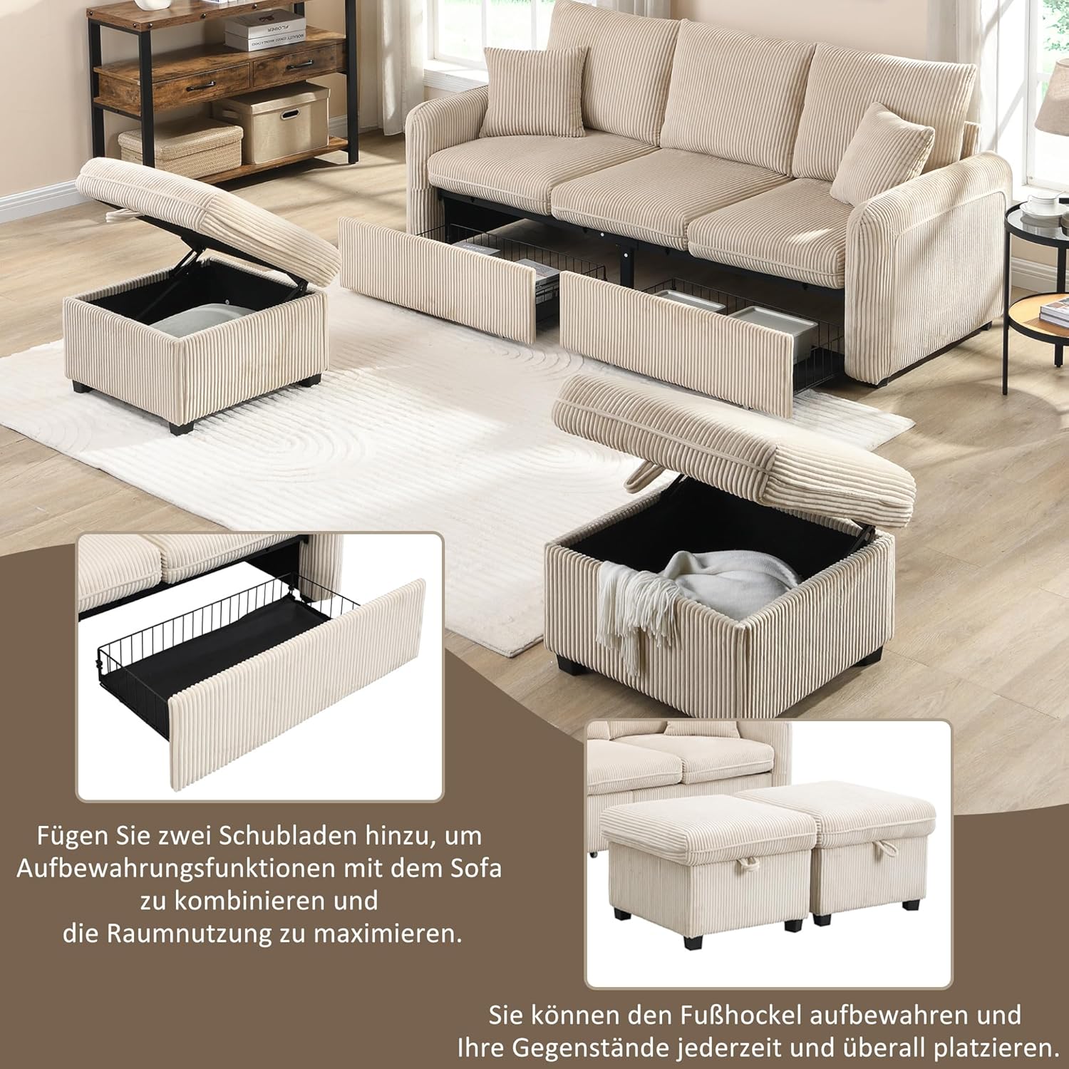Merax Multifunktionales Ecksofa, 3-Sitzer Polster-Sofa mit Schlaffunktion, mit 2 Staufunktion Hocker, mit 2 Schubladen, modular zerlegbar, Cord-Stoff, für kleine Wohnungen, Beige — Ansicht 5