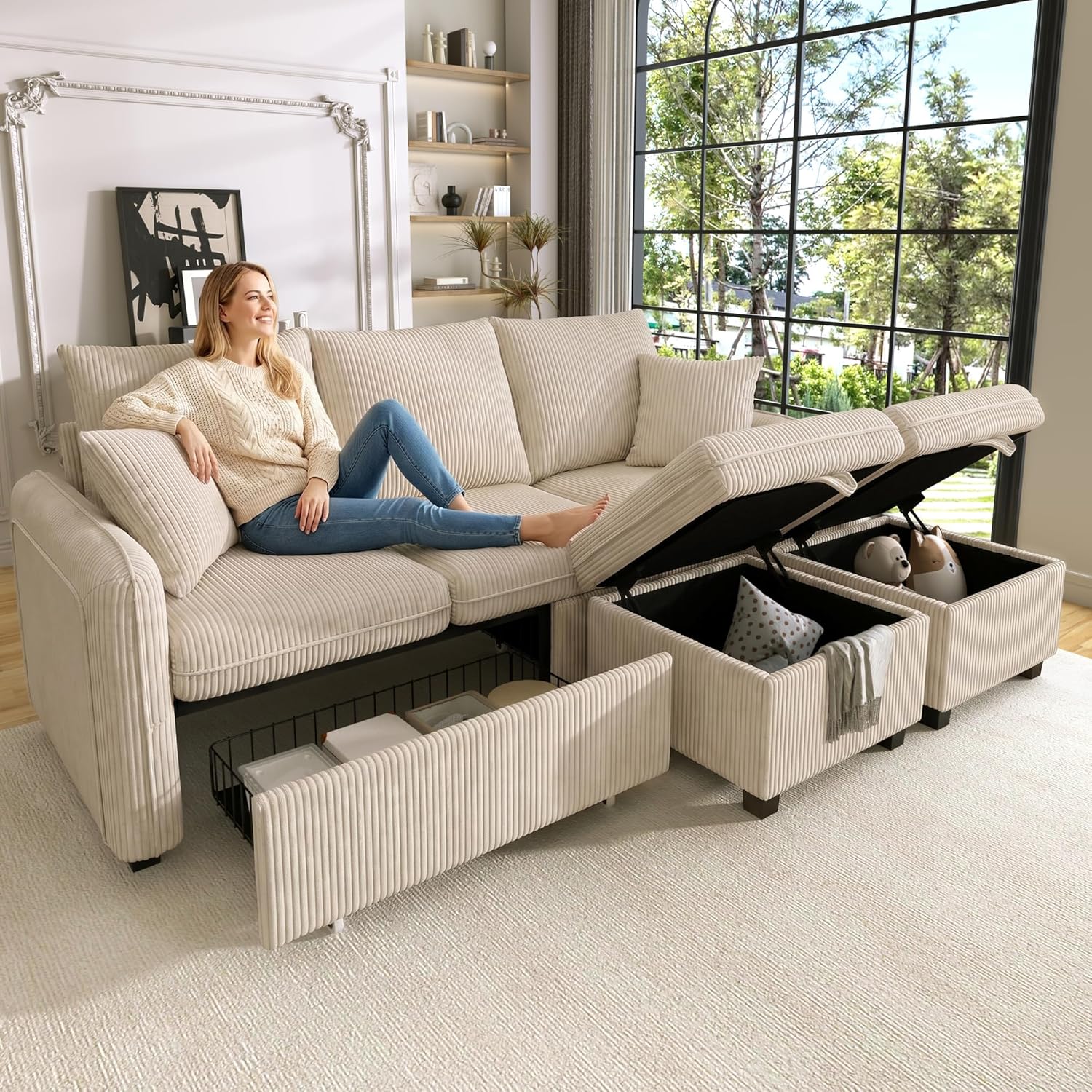 Merax Multifunktionales Ecksofa, 3-Sitzer Polster-Sofa mit Schlaffunktion, mit 2 Staufunktion Hocker, mit 2 Schubladen, modular zerlegbar, Cord-Stoff, für kleine Wohnungen, Beige