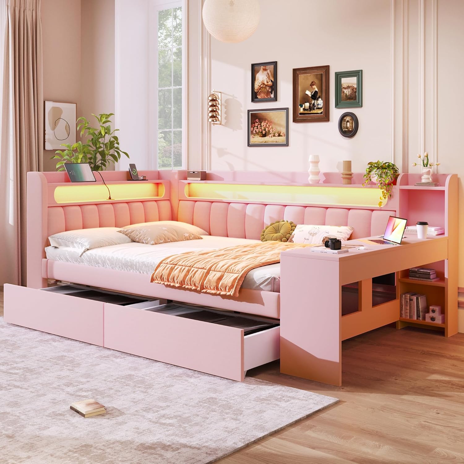 Merax Polsterbett 140x200 cm Daybed mit Schreibtisch, LED-Beleuchtung 7 Farben, USB-Ladeanschluss, 2 Schubladen Stauraum, Tagesbett Bettgestell Holzrahmen mit Lattenrost, Rosa, ohne Matratze — Ansicht 3