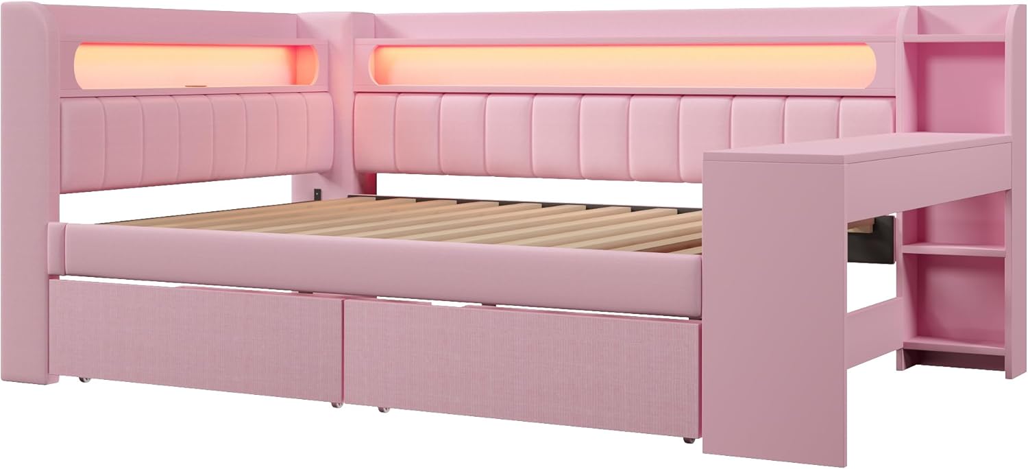 Merax Polsterbett 140x200 cm Daybed mit Schreibtisch, LED-Beleuchtung 7 Farben, USB-Ladeanschluss, 2 Schubladen Stauraum, Tagesbett Bettgestell Holzrahmen mit Lattenrost, Rosa, ohne Matratze — Ansicht 6