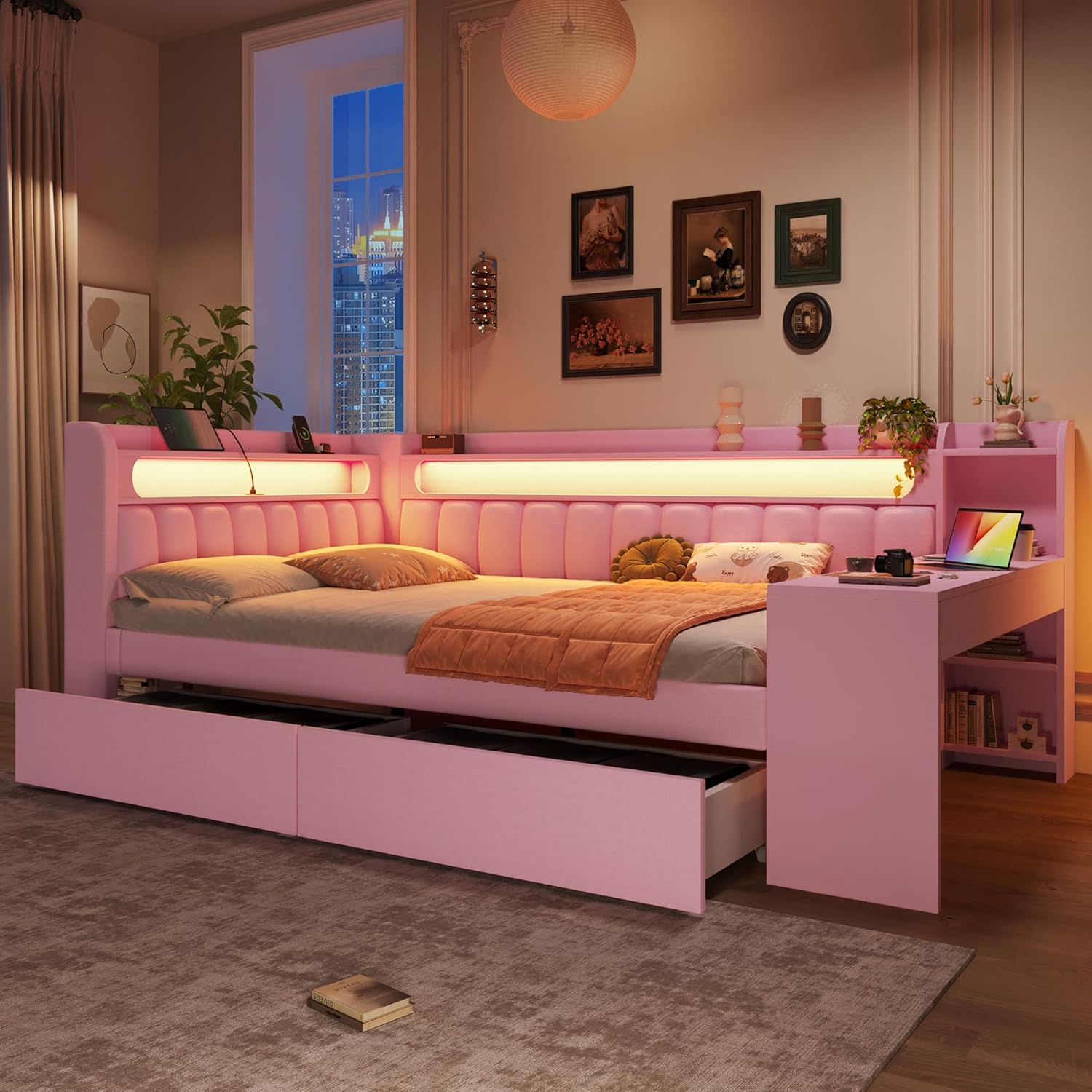 Merax Polsterbett 140x200 cm Daybed mit Schreibtisch, LED-Beleuchtung 7 Farben, USB-Ladeanschluss, 2 Schubladen Stauraum, Tagesbett Bettgestell Holzrahmen mit Lattenrost, Rosa, ohne Matratze