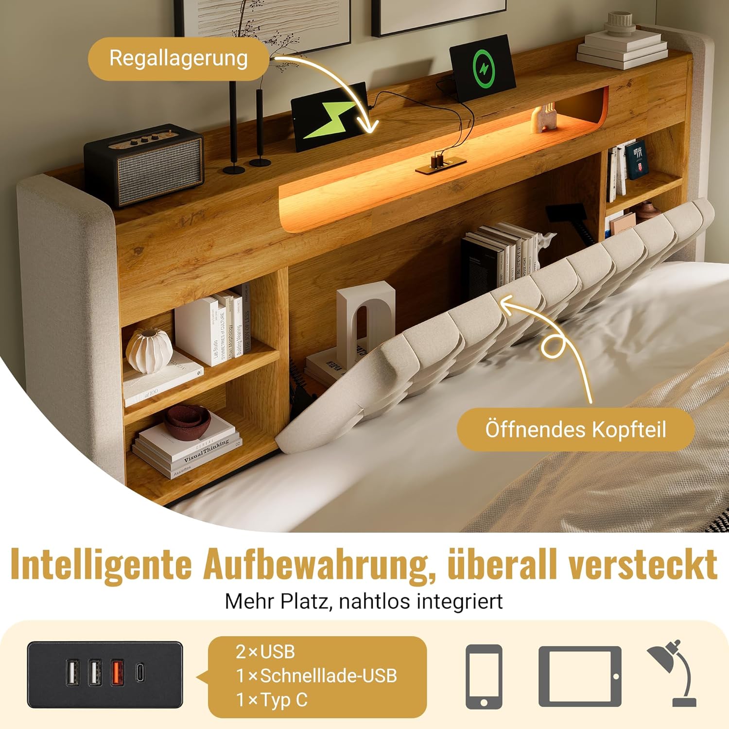 Merax Polsterbett 140x200 cm, Hydraulisches Stauraumbett mit LED und Steckdosen, Jugendbett Betten mit Stauraum Kopfteil, Doppelbett mit USB/Type-C, Lattenrost, Leinenstoff, Ohne Matratze, Beige — Ansicht 4