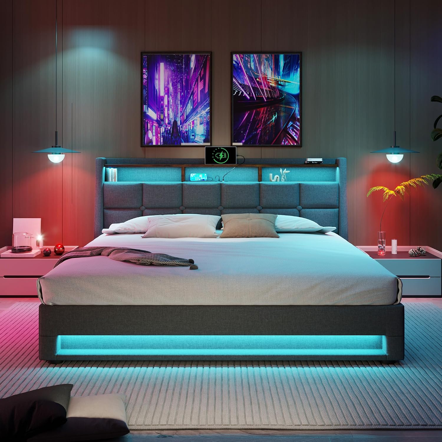 Merax Polsterbett 140x200cm, Doppelbett mit Bettkasten und Lattenrost, Stauraum Kopfteil mit LED & USB Ladefunktion, Hydraulisch Stauraumbett Funktionsbetten, Leinen, Jugendbett, ohne Matratze, Grau — Ansicht 3