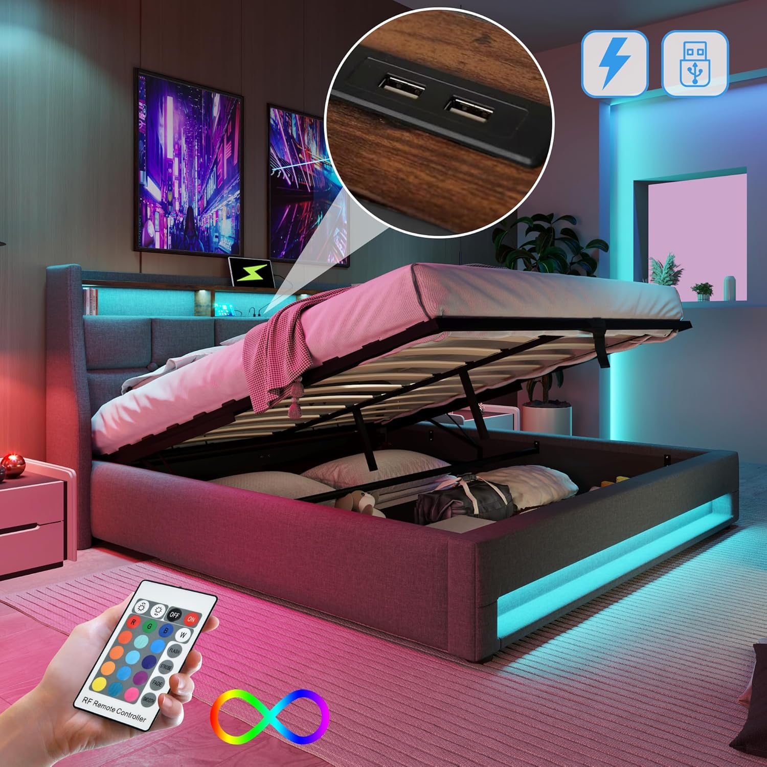 Merax Polsterbett 140x200cm, Doppelbett mit Bettkasten und Lattenrost, Stauraum Kopfteil mit LED & USB Ladefunktion, Hydraulisch Stauraumbett Funktionsbetten, Leinen, Jugendbett, ohne Matratze, Grau — Ansicht 4