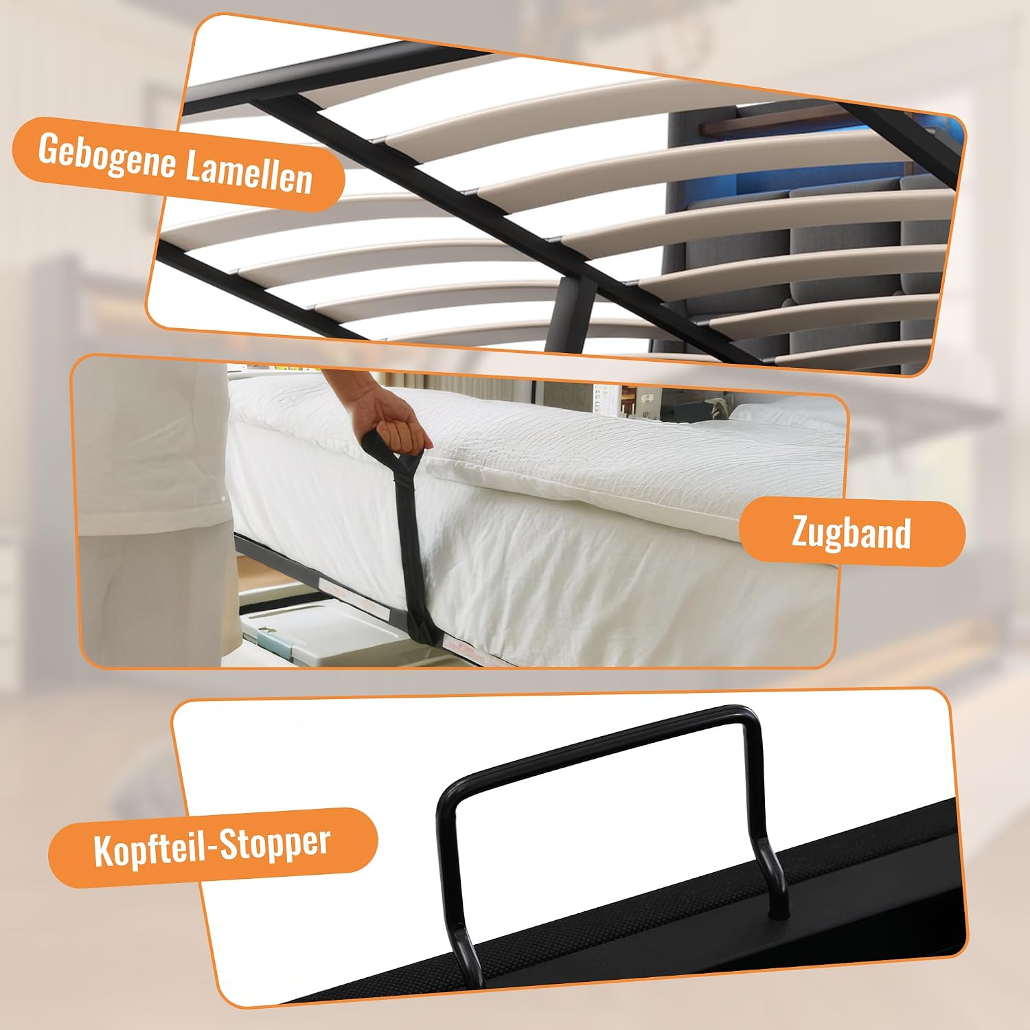 Merax Polsterbett 140x200cm, Doppelbett mit Bettkasten und Lattenrost, Stauraum Kopfteil mit LED & USB Ladefunktion, Hydraulisch Stauraumbett Funktionsbetten, Leinen, Jugendbett, ohne Matratze, Grau — Ansicht 6