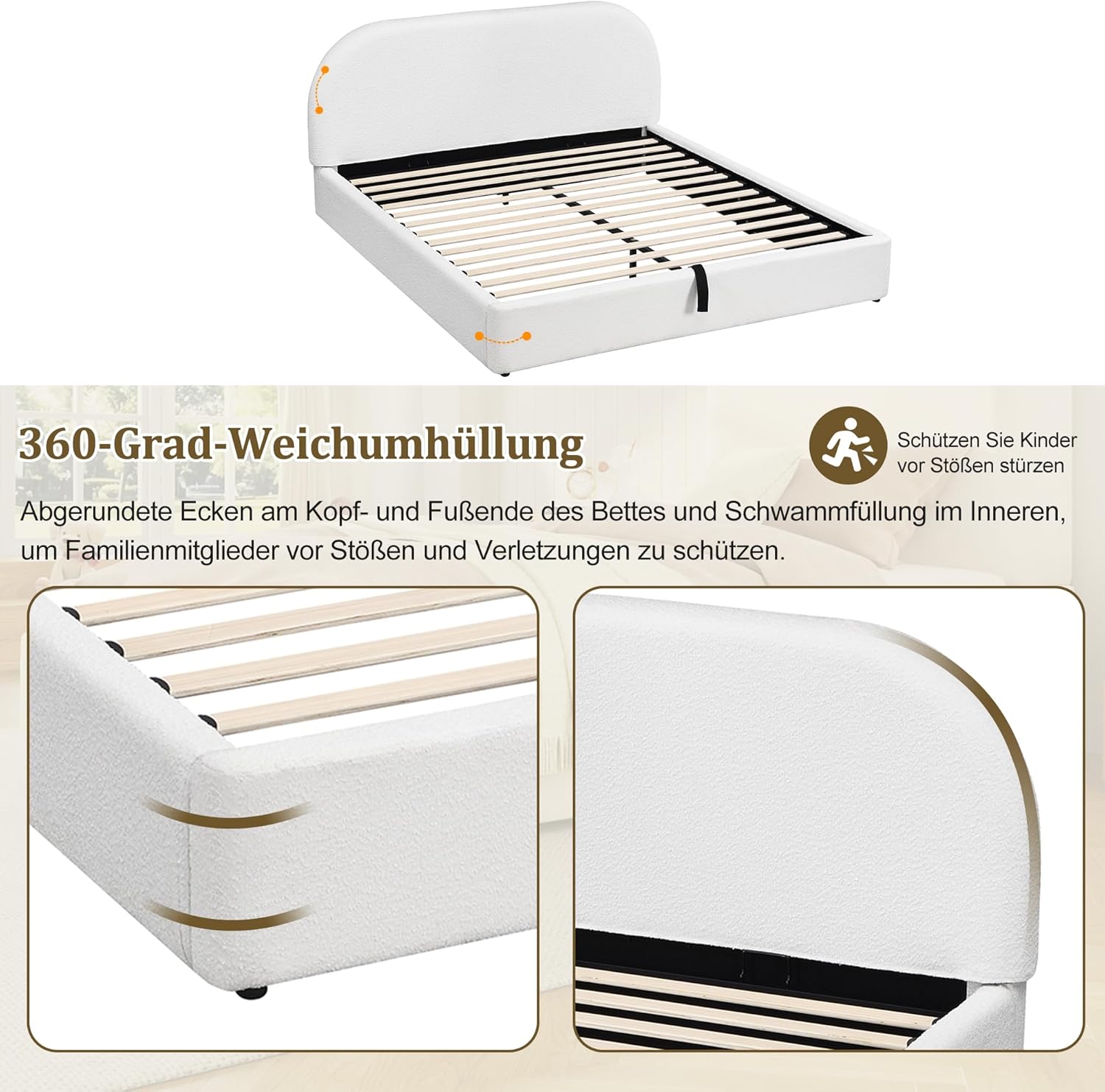 Merax Polsterbett 160x200 cm hydraulisches Stauraumbett mit Lattenrost, Bouclé Doppelbett mit Kopfteil, Bettkasten Funktionsbett, Bettgestell, Beige (Ohne Matratze) — Ansicht 5