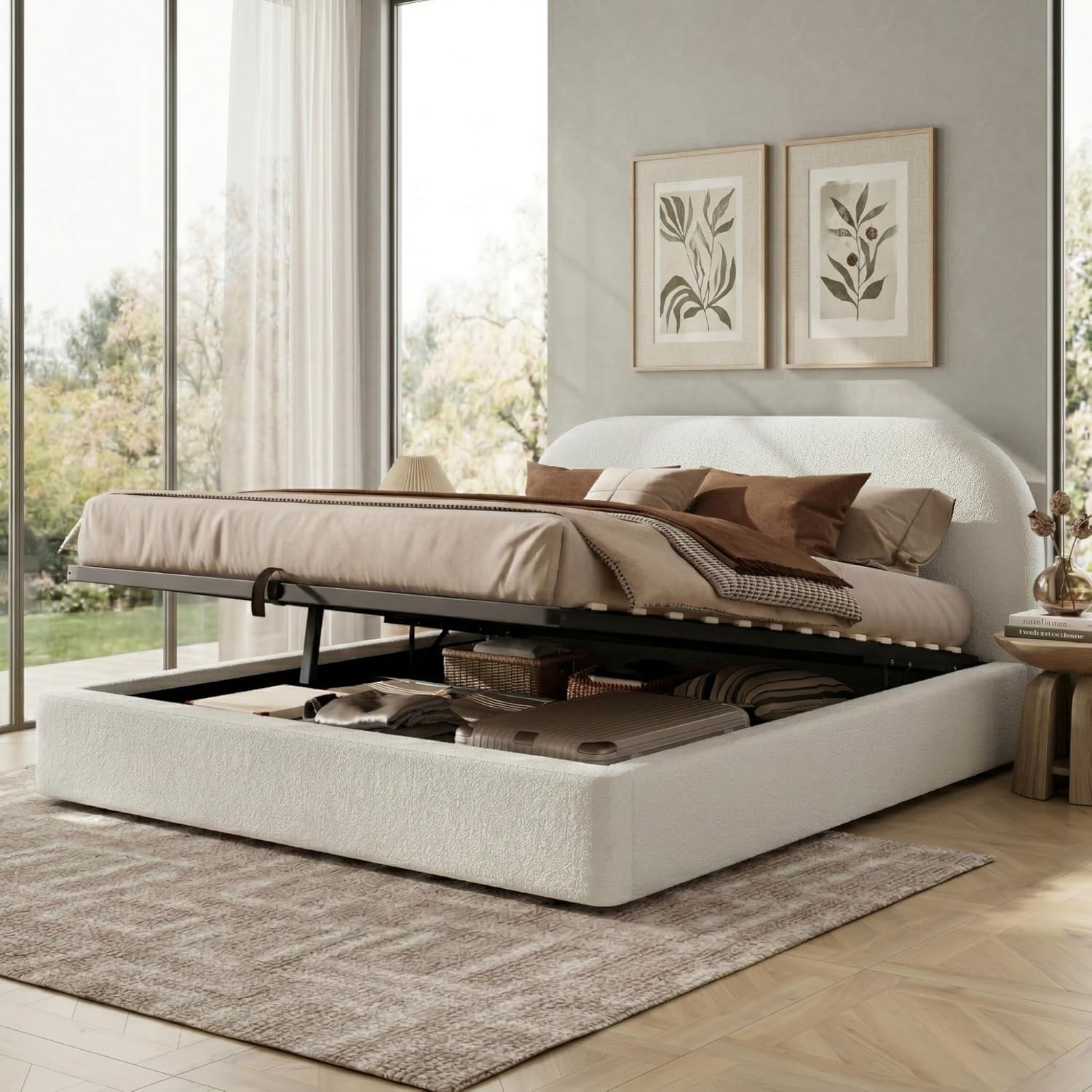 Merax Polsterbett 160x200 cm hydraulisches Stauraumbett mit Lattenrost, Bouclé Doppelbett mit Kopfteil, Bettkasten Funktionsbett, Bettgestell, Beige (Ohne Matratze)