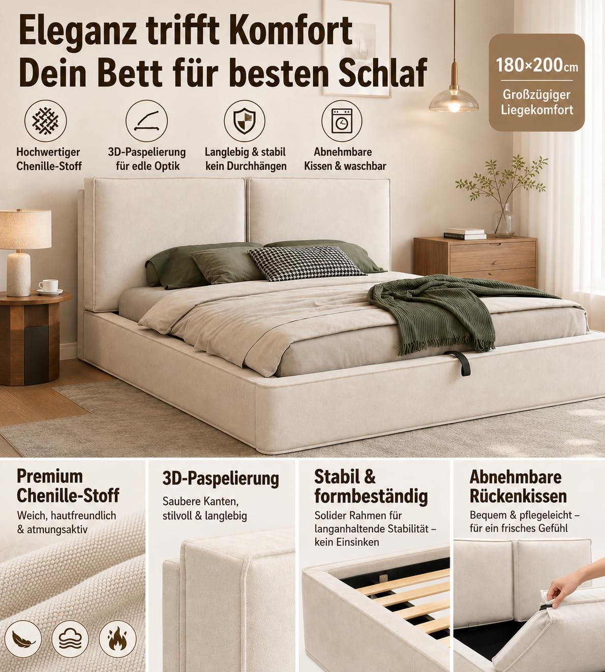 Merax Polsterbett 180x200 cm mit hydraulischem Stauraum, Doppelbett mit Lattenrost und Kopfteil, modernes Funktionsbett mit stabilem Rahmen und elegantem Design, Chenille-Stoff, Beige (ohne Matratze) — Ansicht 4