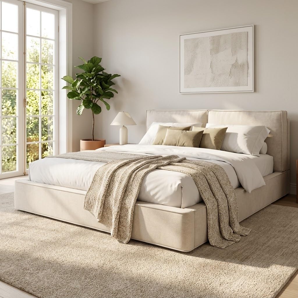Merax Polsterbett 180x200 cm mit hydraulischem Stauraum, Doppelbett mit Lattenrost und Kopfteil, modernes Funktionsbett mit stabilem Rahmen und elegantem Design, Chenille-Stoff, Beige (ohne Matratze)