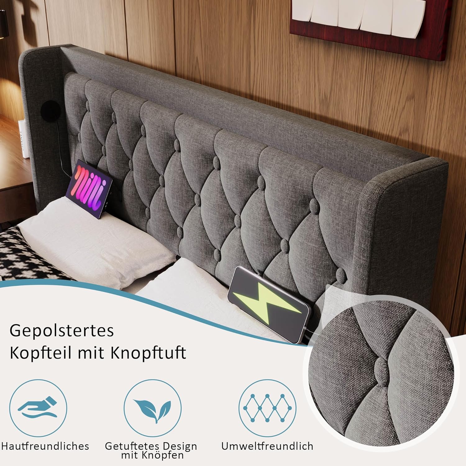 Merax Polsterbett 180x200cm, Doppelbett mit Stauraum und Lattenrost, LED Kopfteil mit USB C Ladefunktion, Hydraulisches Stauraumbett, Modern Funktionsbetten Bettgestell, Grau Baumwolle, Ohne Matratze — Ansicht 5