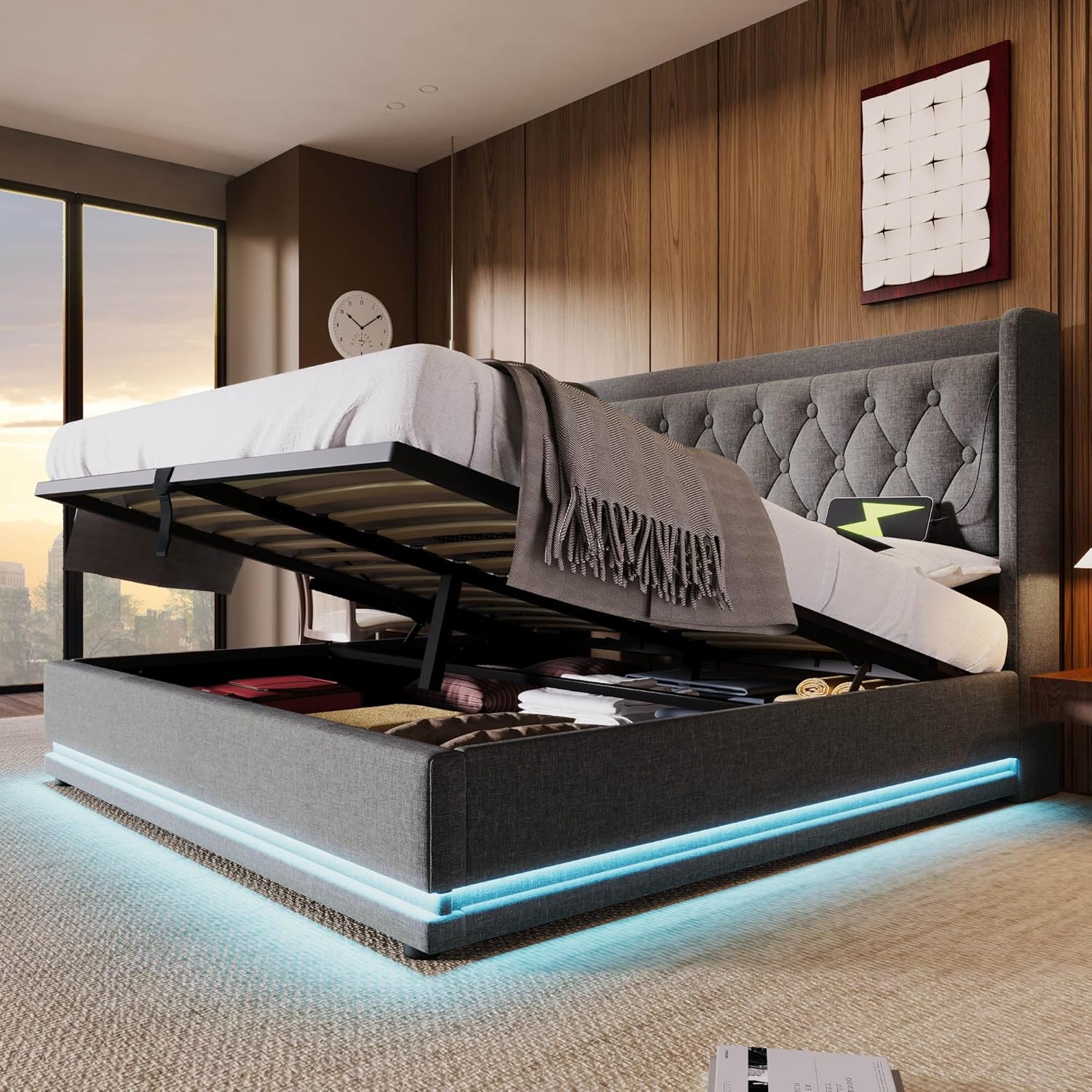 Merax Polsterbett 180x200cm, Doppelbett mit Stauraum und Lattenrost, LED Kopfteil mit USB C Ladefunktion, Hydraulisches Stauraumbett, Modern Funktionsbetten Bettgestell, Grau Baumwolle, Ohne Matratze