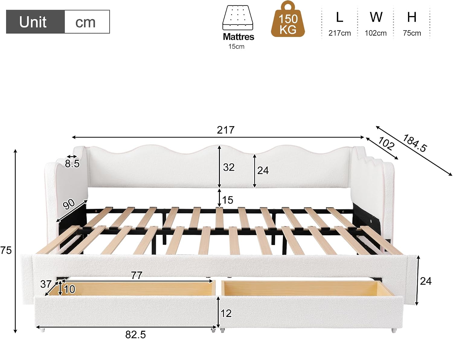 Merax Polsterbett Daybett 90x200 cm, ausziehbar auf 180 cm, mit 2 Schubladen, USB – Bouclé, beige (Ohne Matratze) — Ansicht 2