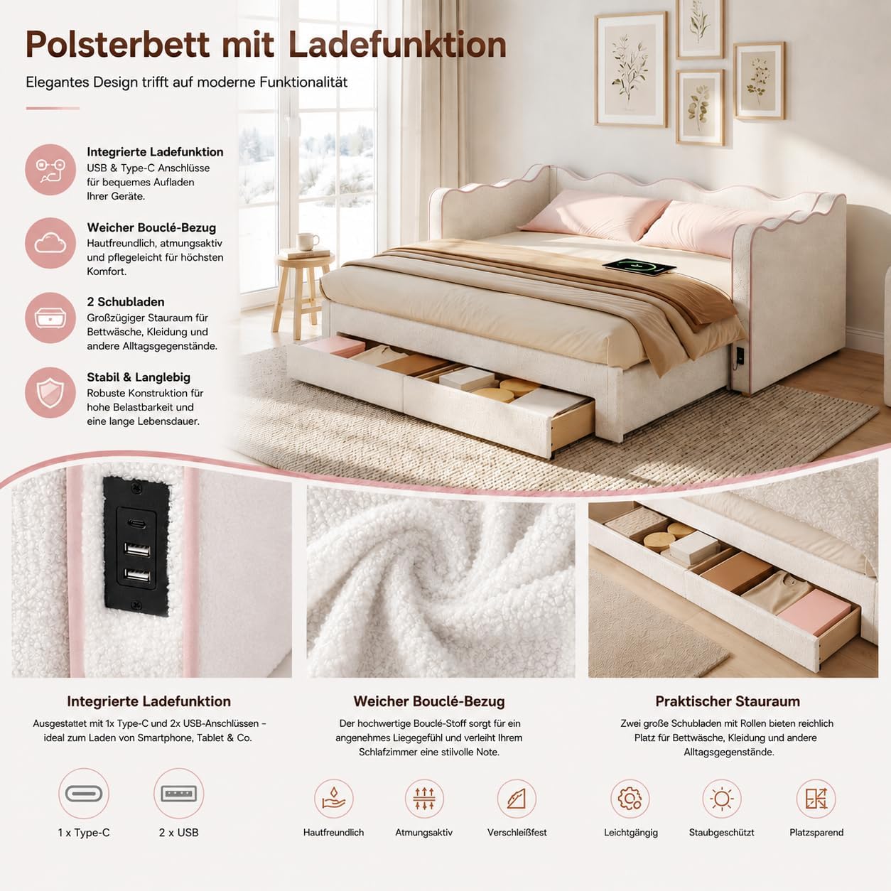 Merax Polsterbett Daybett 90x200 cm, ausziehbar auf 180 cm, mit 2 Schubladen, USB – Bouclé, beige (Ohne Matratze) — Ansicht 3