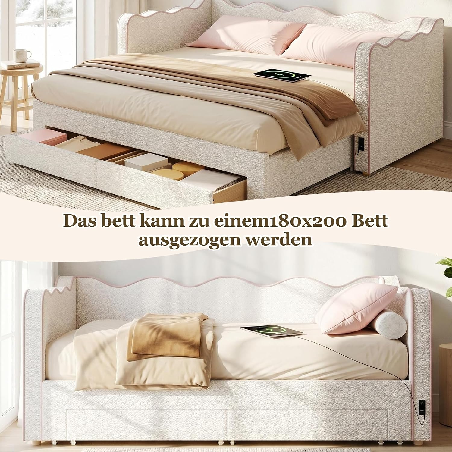 Merax Polsterbett Daybett 90x200 cm, ausziehbar auf 180 cm, mit 2 Schubladen, USB – Bouclé, beige (Ohne Matratze) — Ansicht 4