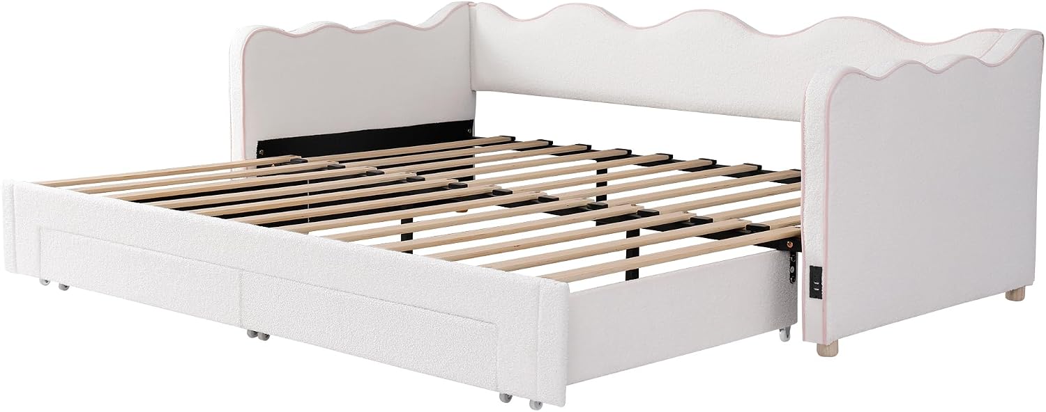 Merax Polsterbett Daybett 90x200 cm, ausziehbar auf 180 cm, mit 2 Schubladen, USB – Bouclé, beige (Ohne Matratze) — Ansicht 6