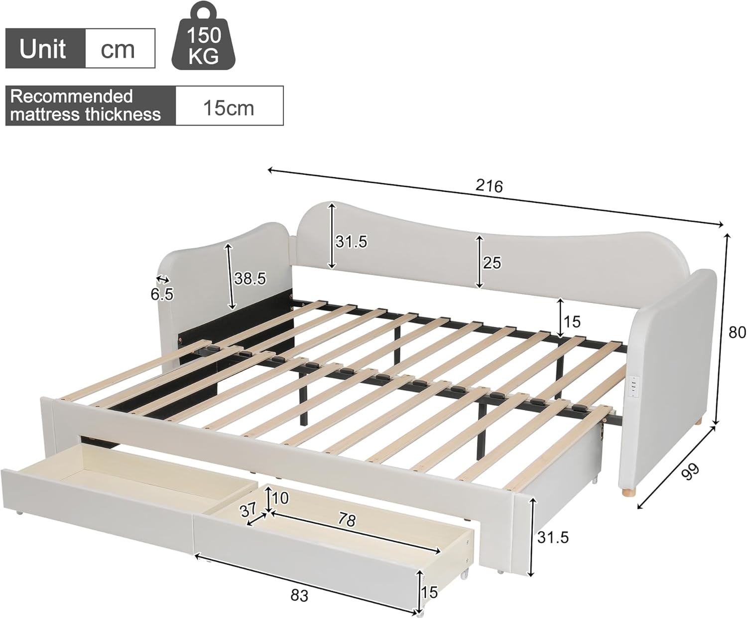 Merax Polsterbett Daybett 90x200 cm ausziehbar auf 180 cm, Tagesbett mit 2 Schubladen & USB-C Ladestation, Schlafsofa, platzsparendes Sofabett mit Tagbett-Funktion, Samt, Beige (ohne Matratze) — Ansicht 2