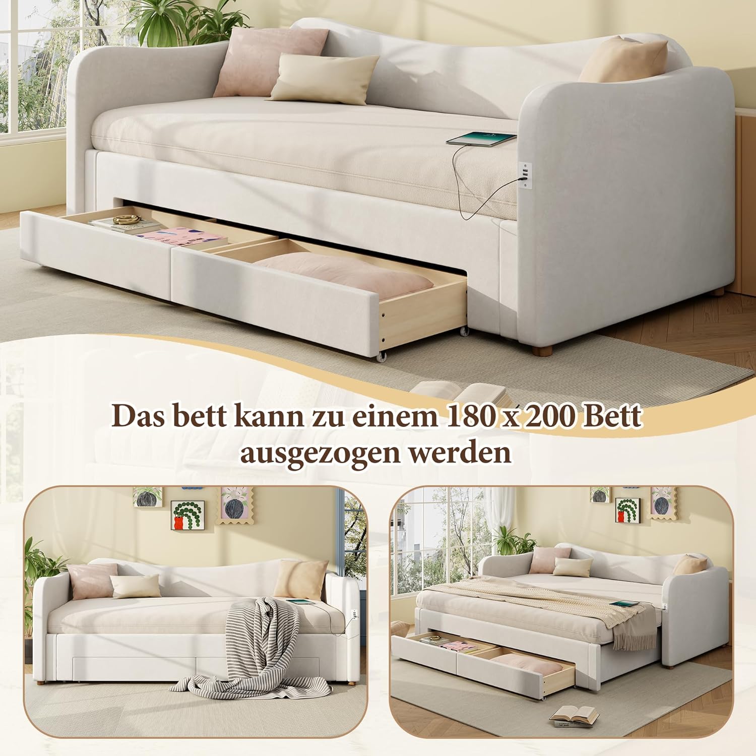 Merax Polsterbett Daybett 90x200 cm ausziehbar auf 180 cm, Tagesbett mit 2 Schubladen & USB-C Ladestation, Schlafsofa, platzsparendes Sofabett mit Tagbett-Funktion, Samt, Beige (ohne Matratze) — Ansicht 3