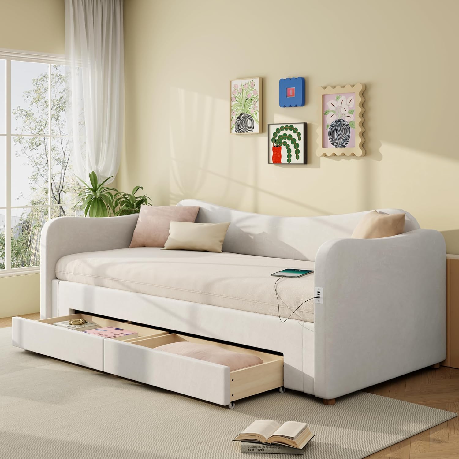 Merax Polsterbett Daybett 90x200 cm ausziehbar auf 180 cm, Tagesbett mit 2 Schubladen & USB-C Ladestation, Schlafsofa, platzsparendes Sofabett mit Tagbett-Funktion, Samt, Beige (ohne Matratze) — Ansicht 6