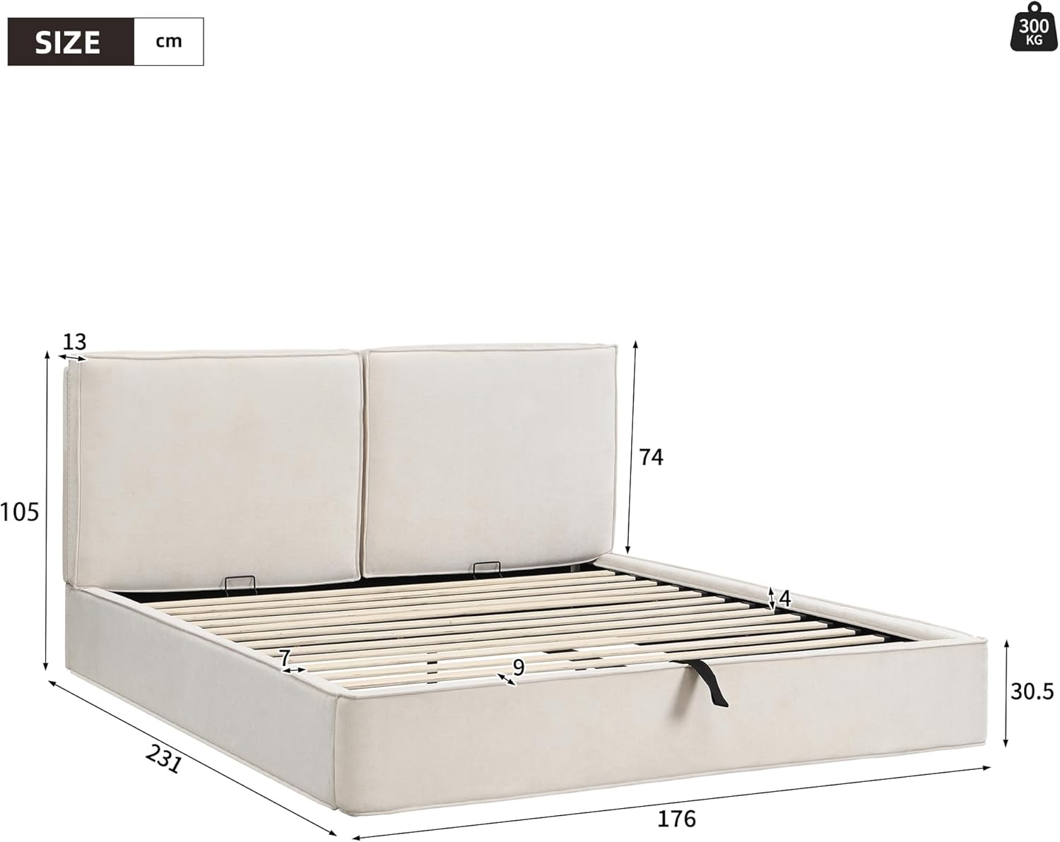 Merax Polsterbett Doppelbett 160x200 cm, mit hydraulischem Stauraum & Lattenrost, Chenille-Stoff, 13 cm Dickes gepolstertes Kopfteil (105 cm hoch), eingebaute Struktur, Beige (Ohne Matratze) — Ansicht 2