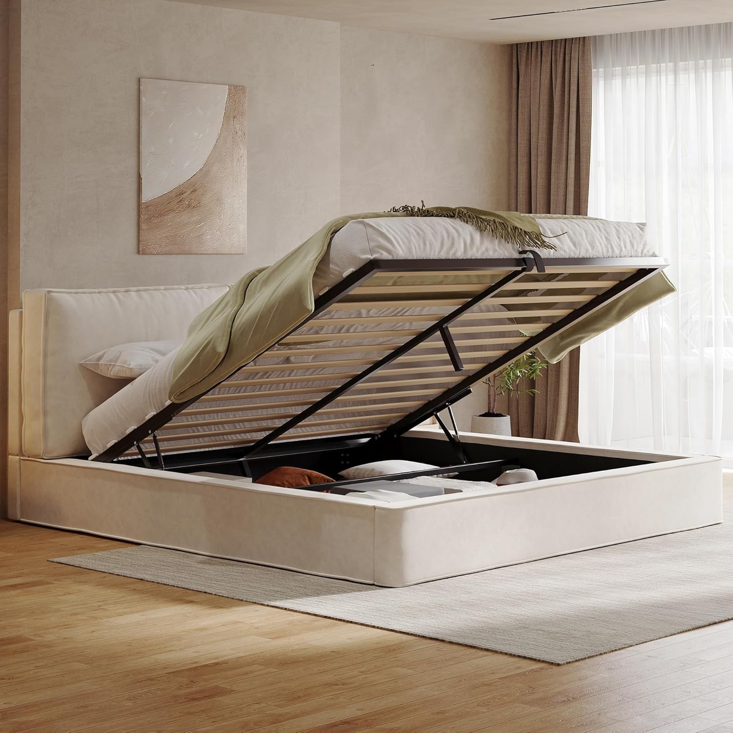 Merax Polsterbett Doppelbett 160x200 cm, mit hydraulischem Stauraum & Lattenrost, Chenille-Stoff, 13 cm Dickes gepolstertes Kopfteil (105 cm hoch), eingebaute Struktur, Beige (Ohne Matratze)
