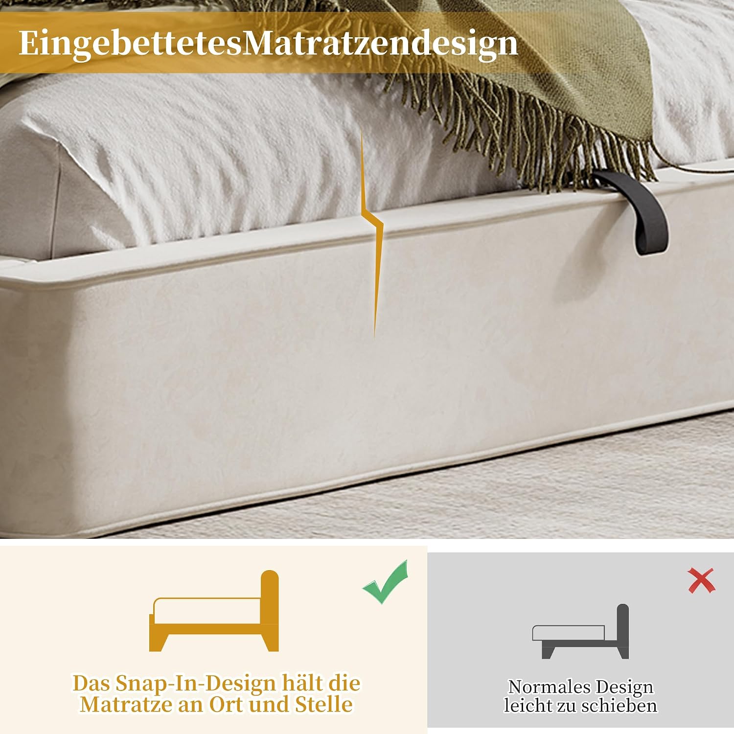 Merax Polsterbett Doppelbett 160x200 cm, mit hydraulischem Stauraum & Lattenrost, Chenille-Stoff, 13 cm Dickes gepolstertes Kopfteil (105 cm hoch), eingebaute Struktur, Beige (Ohne Matratze) — Ansicht 5