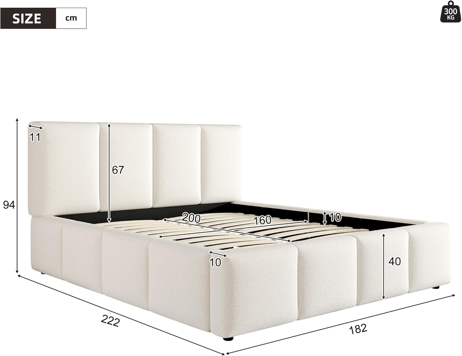 Merax Polsterbett Doppelbett 160x200 cm mit Lattenrost & gepolstertem Kopfteil, Bouclé-Stoff in Beige, 11 cm Dickes Kopfteil, eingebettete Struktur (ohne Matratze) — Ansicht 2