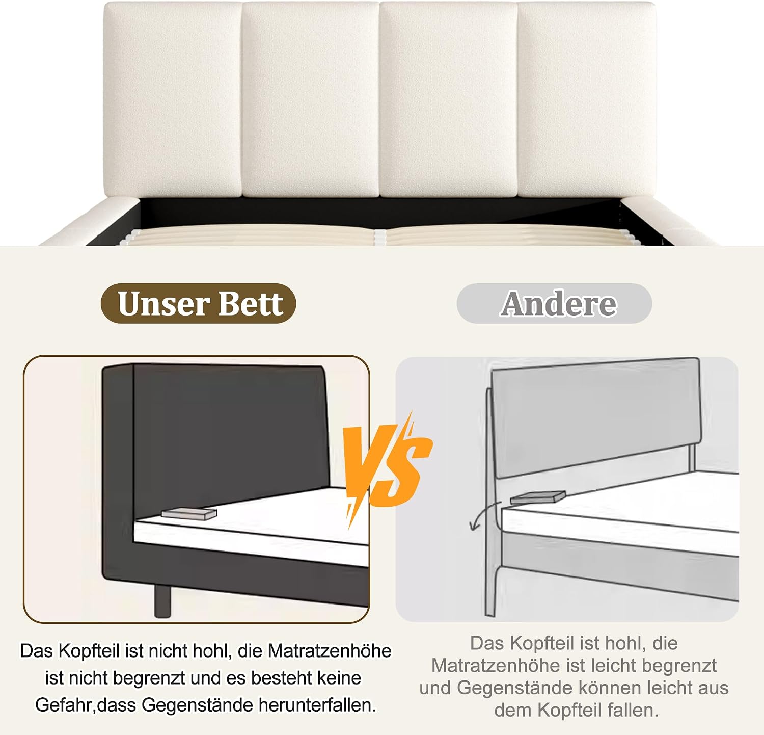 Merax Polsterbett Doppelbett 160x200 cm mit Lattenrost & gepolstertem Kopfteil, Bouclé-Stoff in Beige, 11 cm Dickes Kopfteil, eingebettete Struktur (ohne Matratze) — Ansicht 5