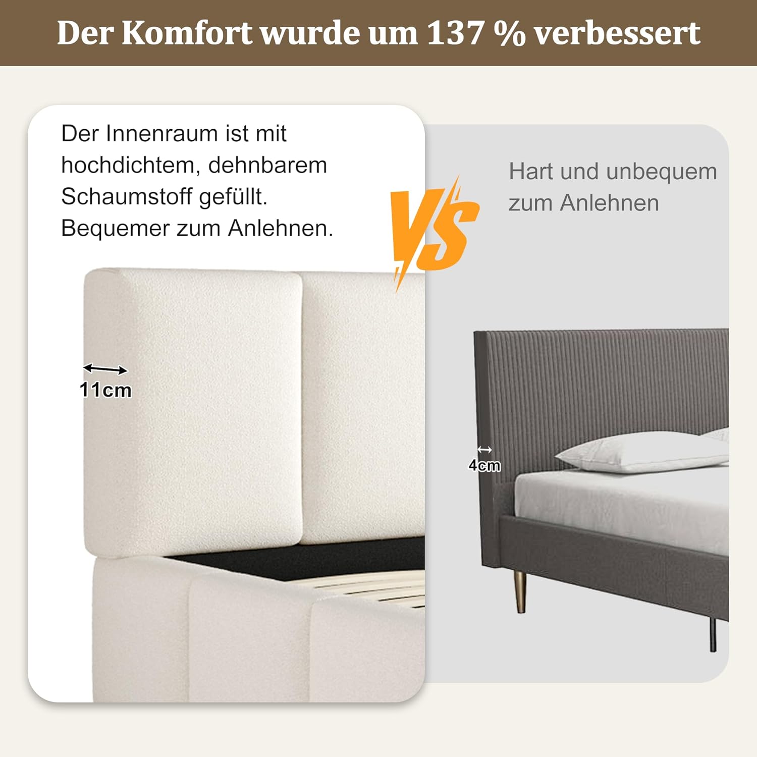 Merax Polsterbett Doppelbett 160x200 cm mit Lattenrost & gepolstertem Kopfteil, Bouclé-Stoff in Beige, 11 cm Dickes Kopfteil, eingebettete Struktur (ohne Matratze) — Ansicht 6