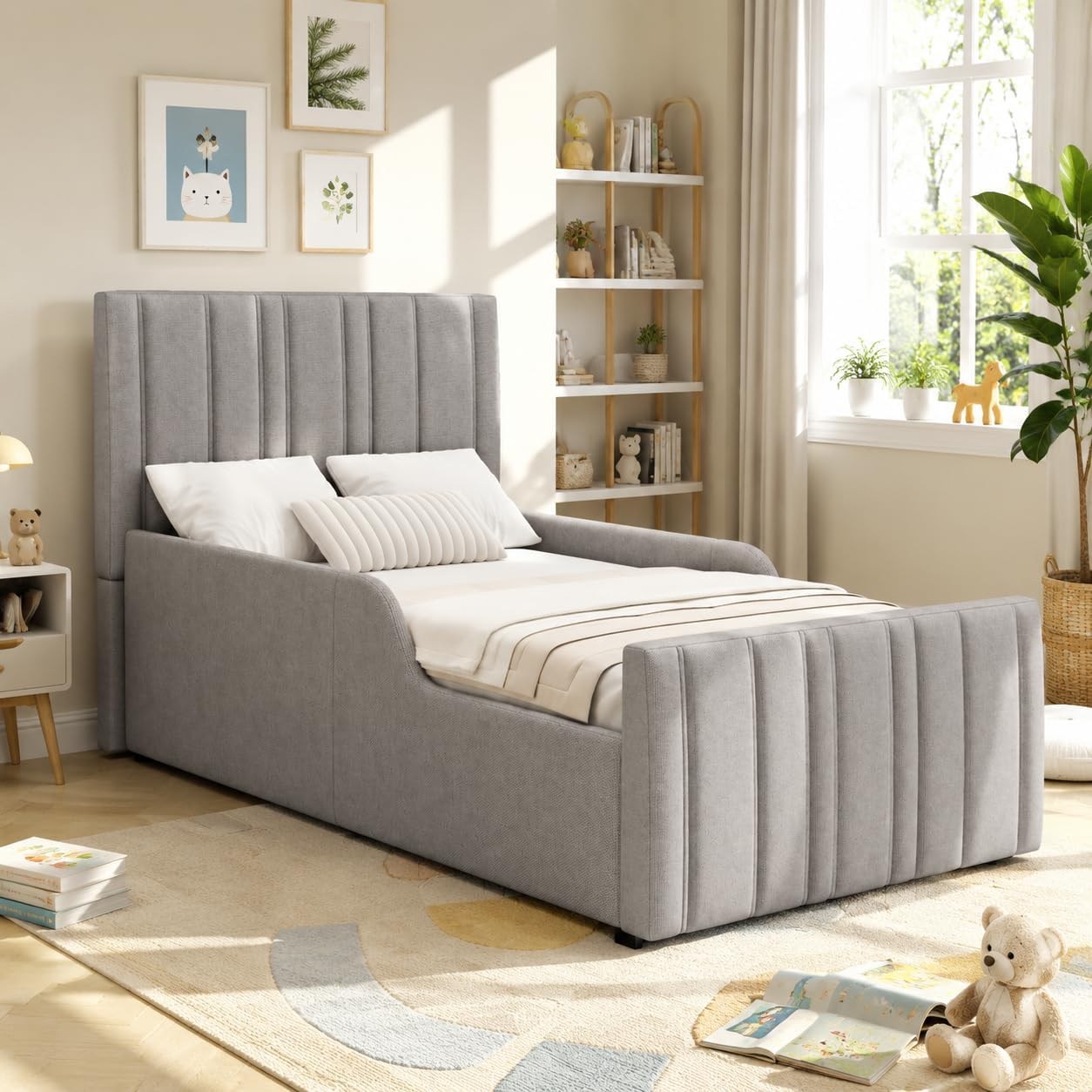Merax Polsterbett Einzelbett 90x200 cm mit hydraulischem Stauraum, Leinen, gepolstertem Kopfteil – Grau (Ohne Matratze) — Ansicht 5