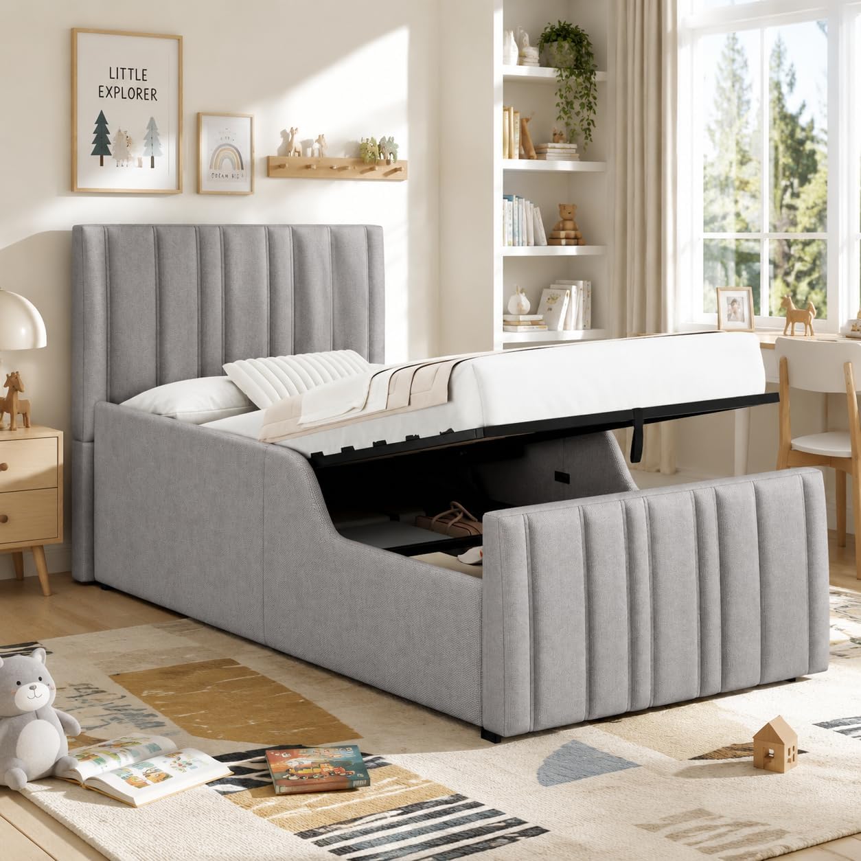 Merax Polsterbett Einzelbett 90x200 cm mit hydraulischem Stauraum, Leinen, gepolstertem Kopfteil – Grau (Ohne Matratze)