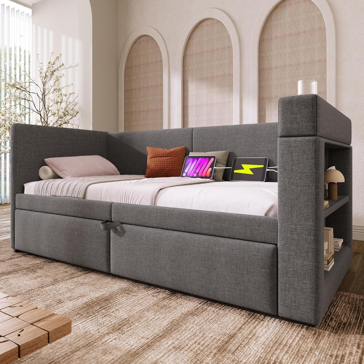 Merax Polsterbett Schlafsofa 90x200cm, Sofabett Einzelbett mit Ausziehbett, Tagesbett für Schlafzimmer Wohnzimmer, Armlehnen mit Ladefunktion & Getränkehalter, Leinen-Mischgewebe, ohne Matratze, Grau — Ansicht 3