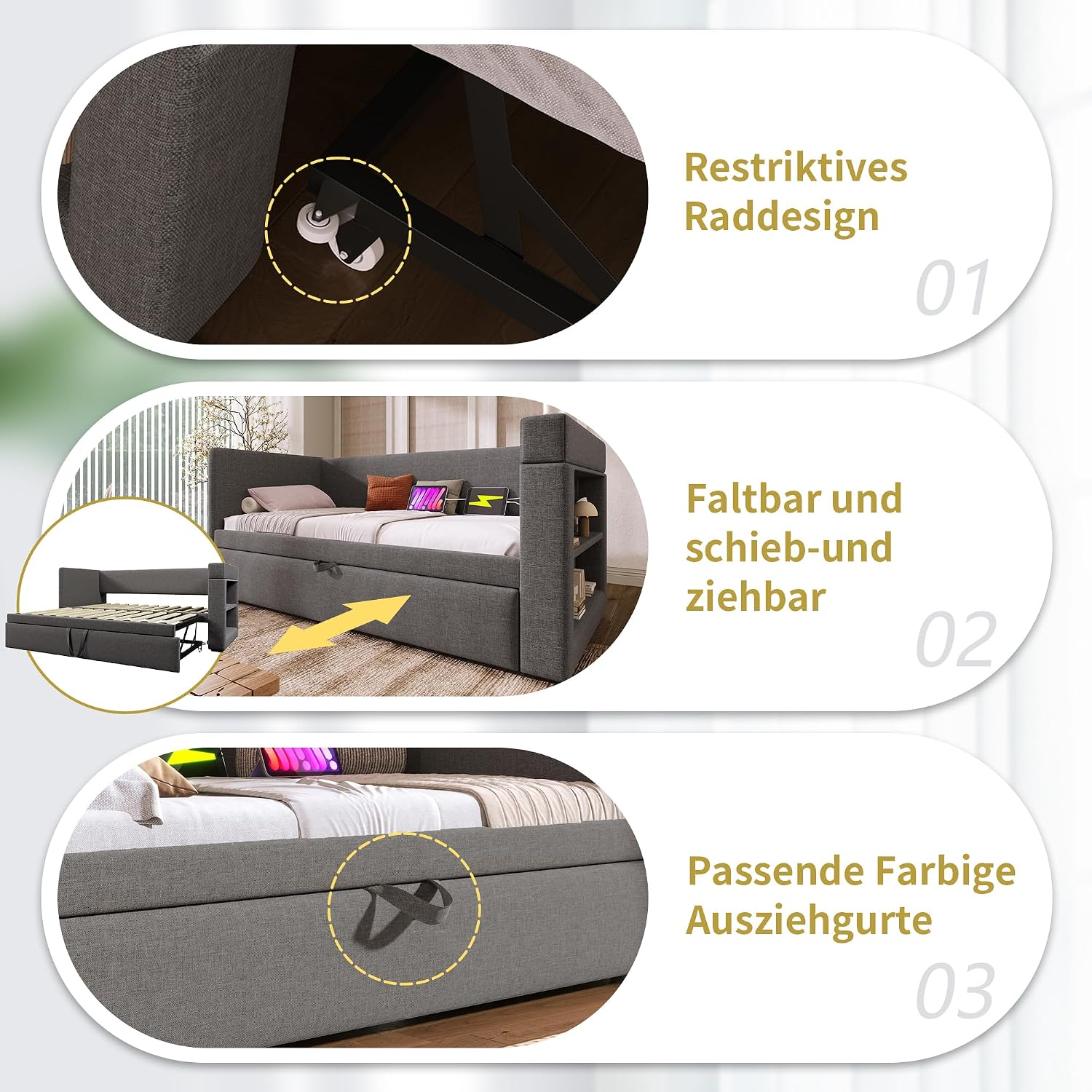 Merax Polsterbett Schlafsofa 90x200cm, Sofabett Einzelbett mit Ausziehbett, Tagesbett für Schlafzimmer Wohnzimmer, Armlehnen mit Ladefunktion & Getränkehalter, Leinen-Mischgewebe, ohne Matratze, Grau — Ansicht 5