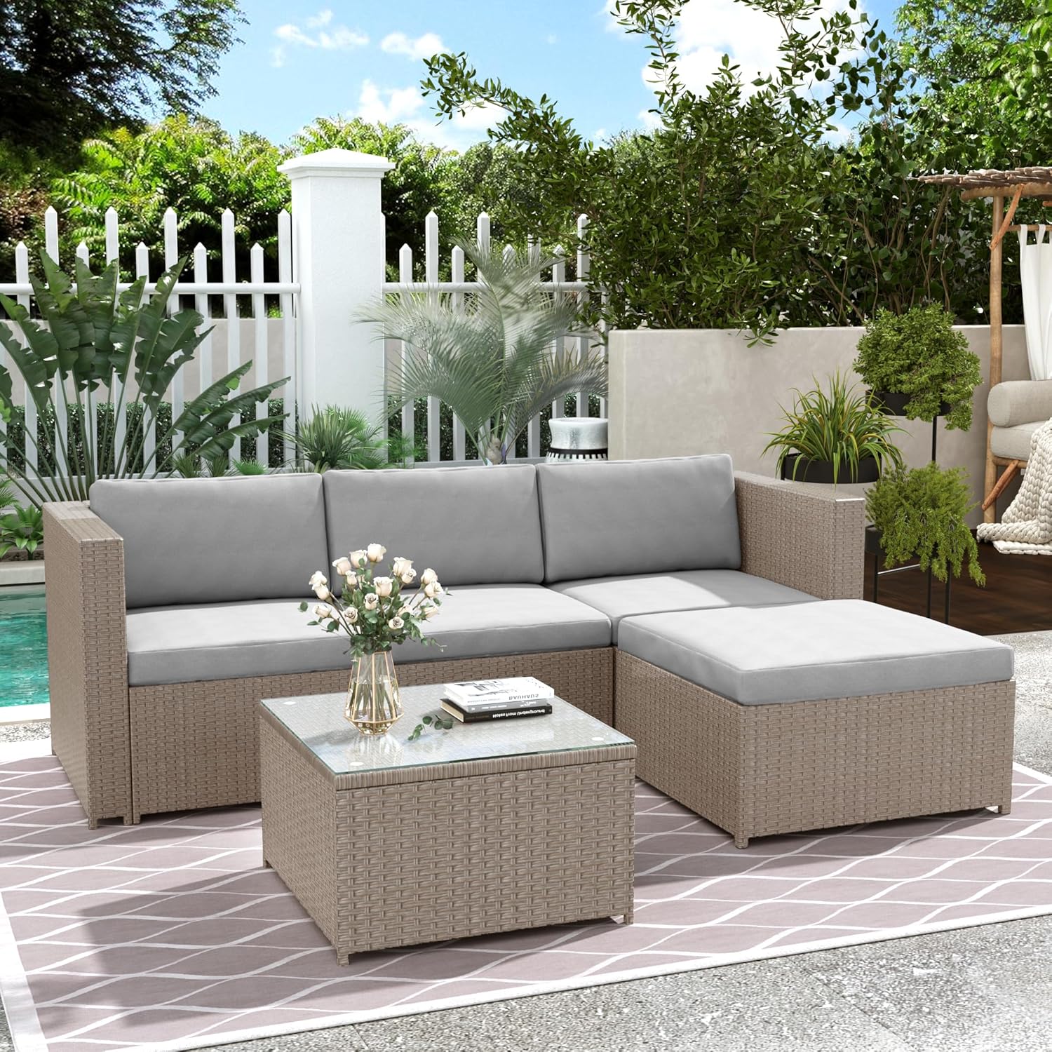 Merax Polyrattan Lounge, Gartenmöbel Set Balkonmöbel für 3-4 Personen, Gartenlounge, Sitzgruppe Outdoor mit Kissen und Glastisch, Terrassenmöbel, Ecksofa, für Garten Balkon und Terrasse, Khaki