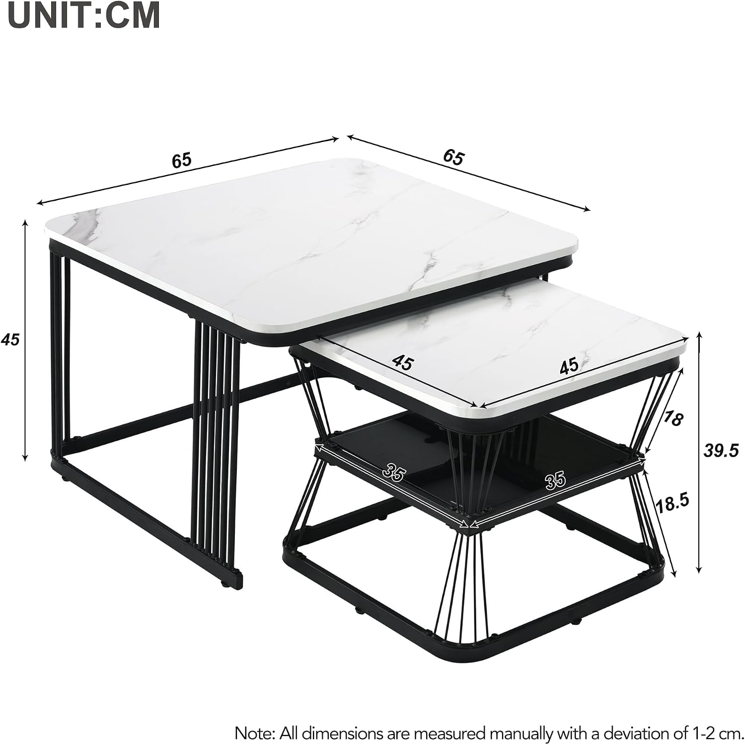 Merax Quadratisch Couchtisch 2er Set, 65cm und 45cm, Moderne Wohnzimmertisch mit Marmoroptik, Hochglänzend Satztisch mit Stauraum, für Wohnzimmer, Balkon und Büro, Metallgestell, Weiß und Schwarz — Ansicht 2