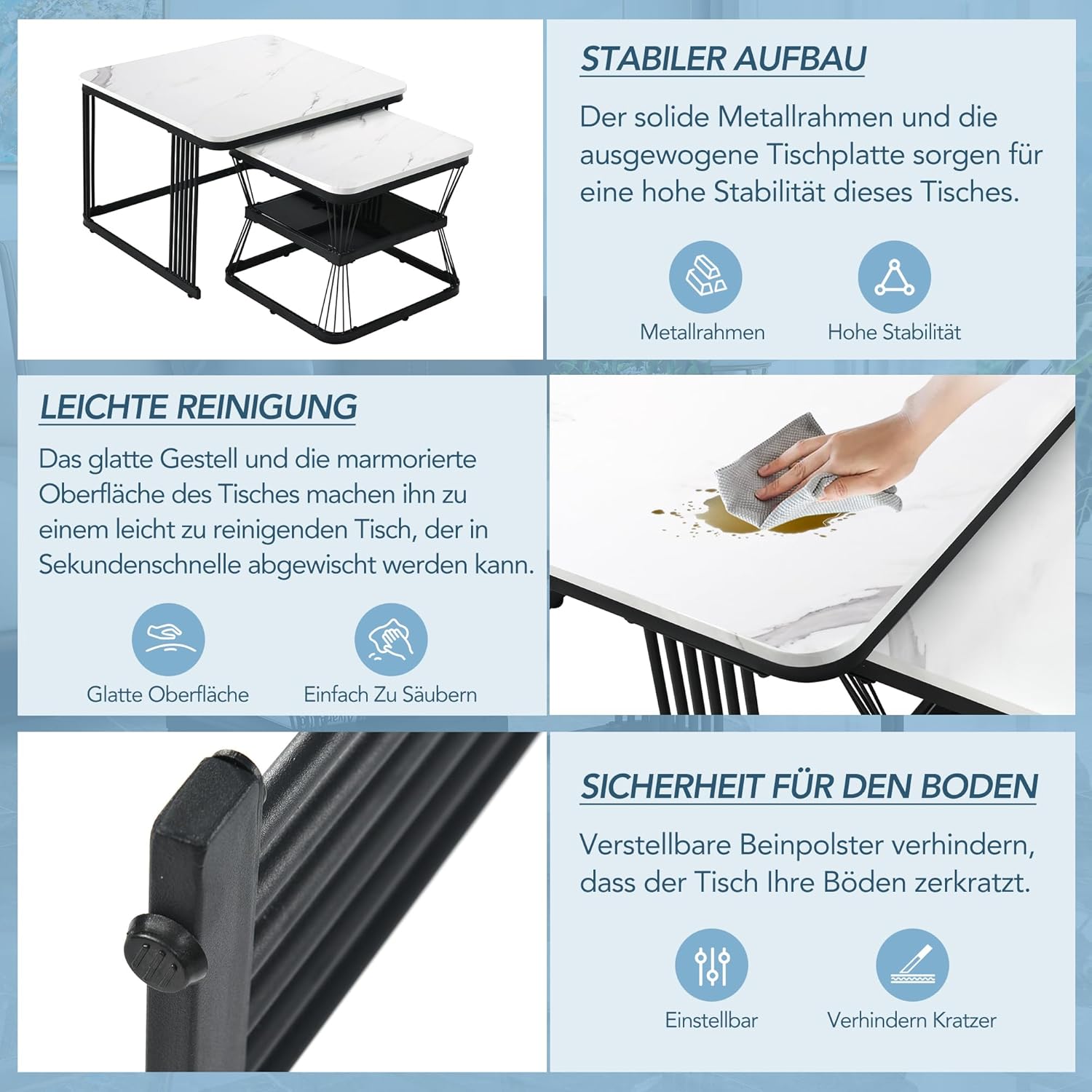 Merax Quadratisch Couchtisch 2er Set, 65cm und 45cm, Moderne Wohnzimmertisch mit Marmoroptik, Hochglänzend Satztisch mit Stauraum, für Wohnzimmer, Balkon und Büro, Metallgestell, Weiß und Schwarz — Ansicht 4