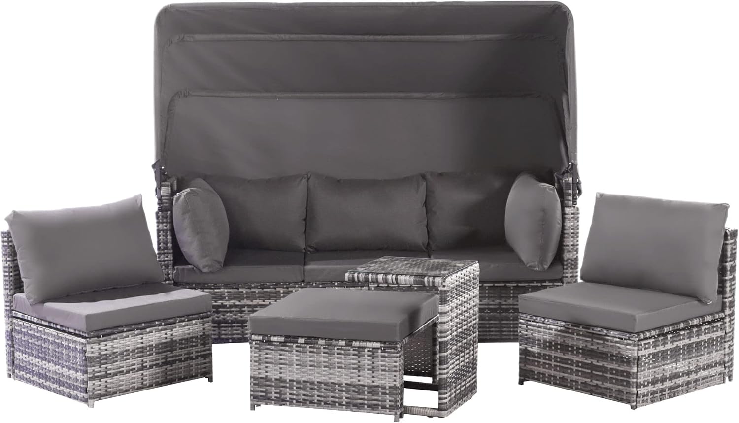 Merax Rattan-Gartenlounge-Set mit Sonnendach: Sofa, Hocker, Sessel und Tisch Allwettergeflecht, Wetterfest, Garten Sofa mit Sonnendach, Terrassenmöbel Sitzgruppe inkl. Kissen und Beistelltisch, Grau — Ansicht 3