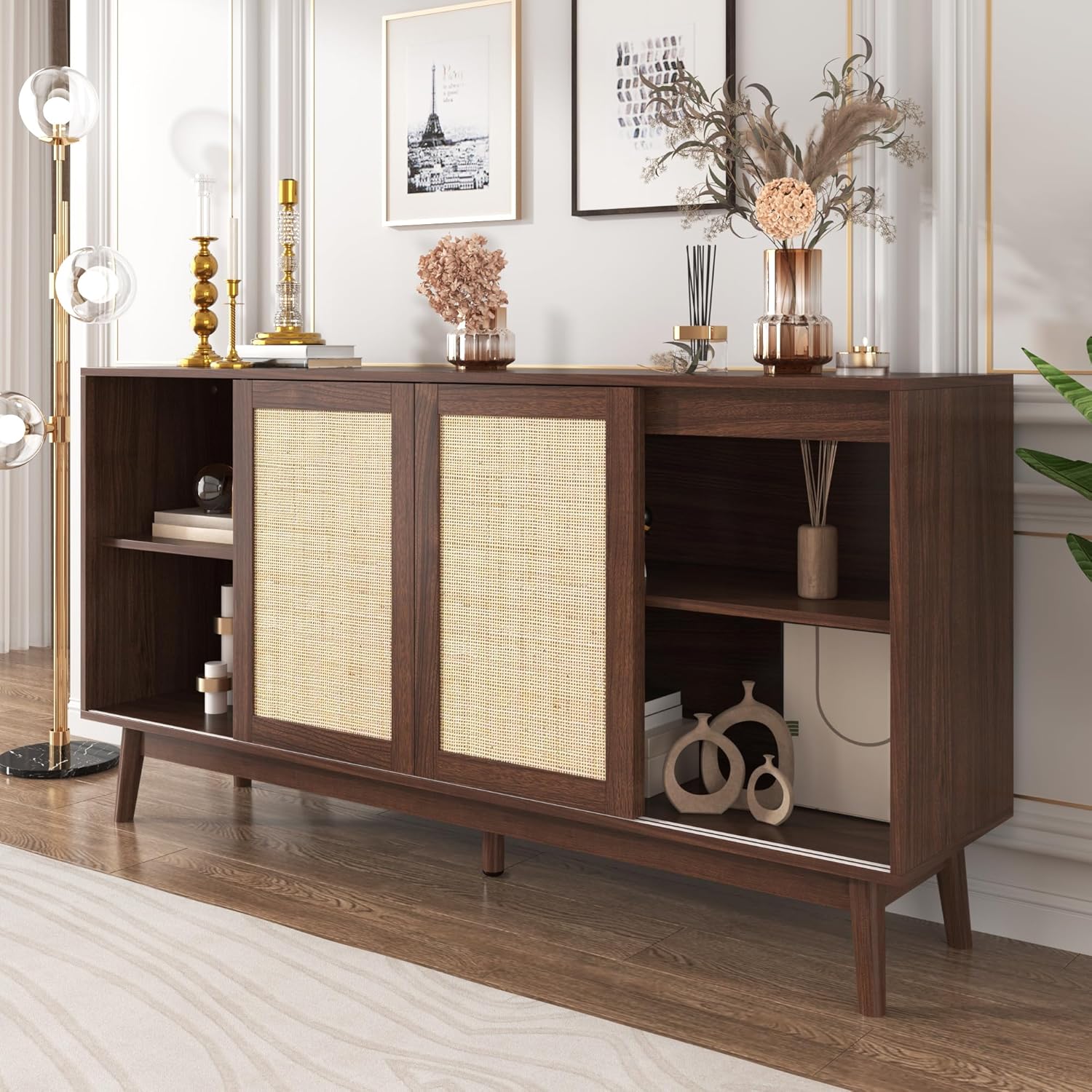 Merax Rattan Sideboard mit 3 Schiebetüren & 2 Schubladen, 155x38x80 cm, Sideboard Kommode mit Stauraum & Massivholzfüßen, Anrichte Wohnzimmer Esszimmer Flur, Schrank modern & stabil — Ansicht 4