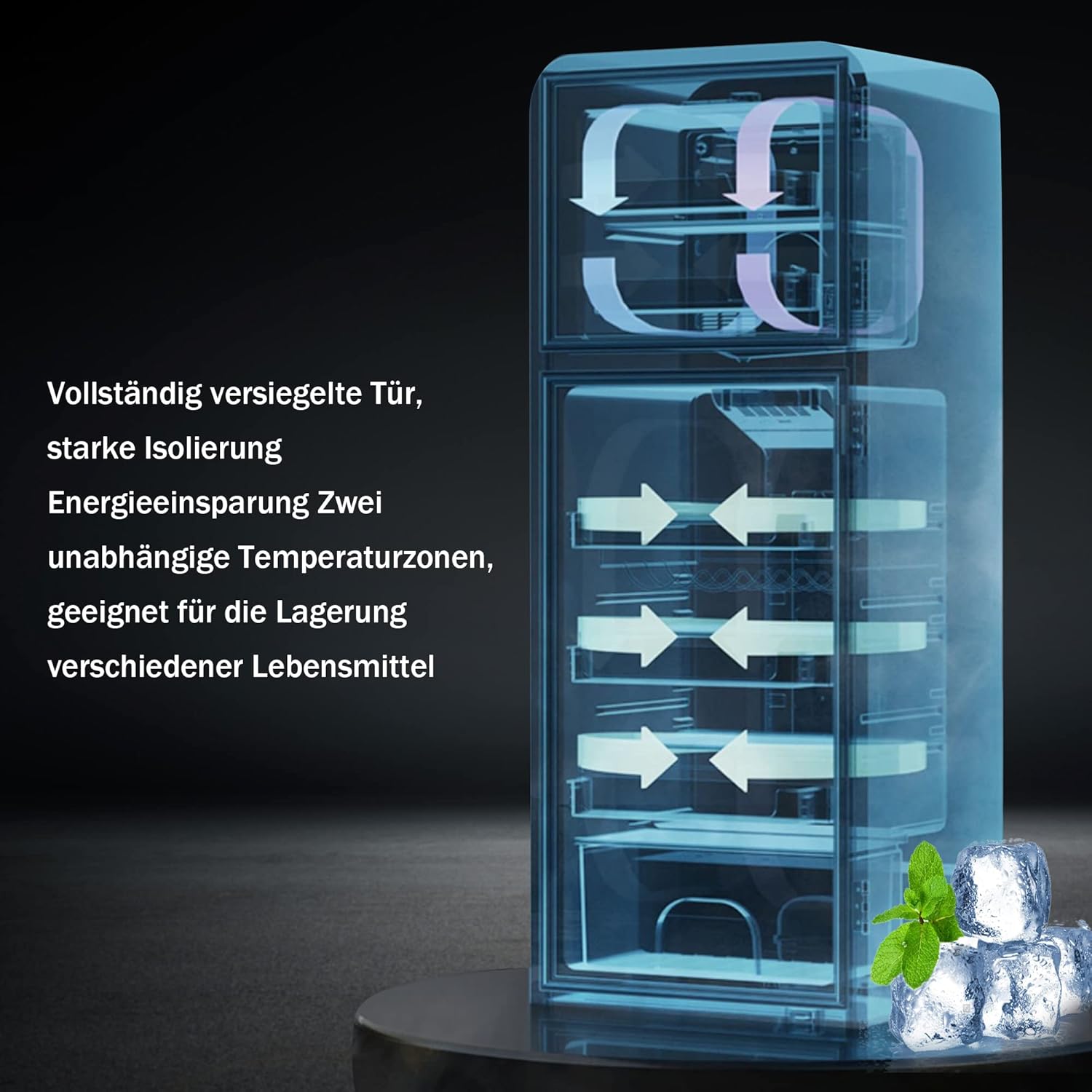 Merax Retro Kühlschrank, 60L Mini-Kühlschrank mit Gefrierschrank,Kühl-Gefrierkombination,22 Liter Gefrierfach, 38 Liter Kühlfach,102 kWh/Jahr, LED-Beleuchtung, cremeweiß — Ansicht 2