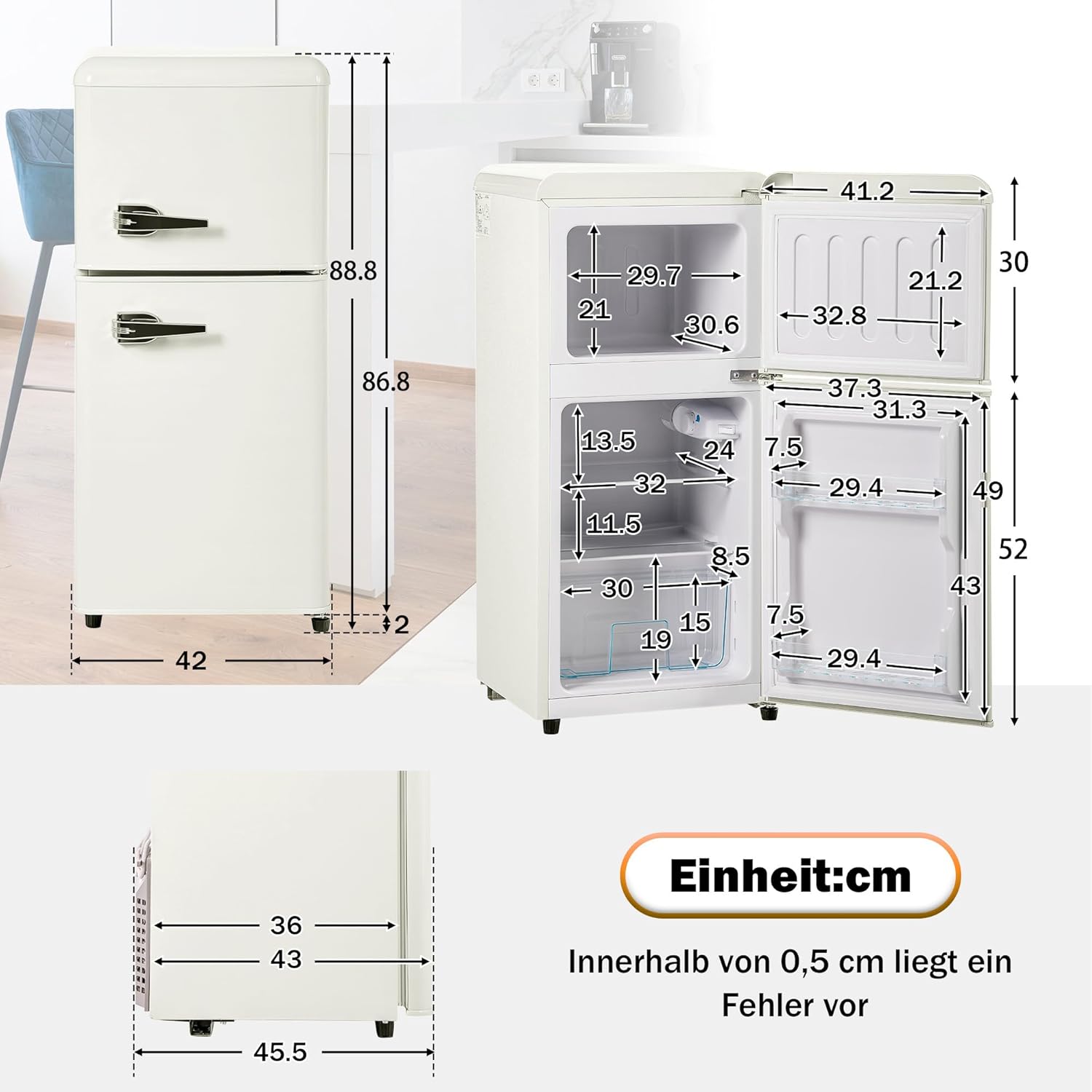 Merax Retro Kühlschrank, 60L Mini-Kühlschrank mit Gefrierschrank,Kühl-Gefrierkombination,22 Liter Gefrierfach, 38 Liter Kühlfach,102 kWh/Jahr, LED-Beleuchtung, cremeweiß — Ansicht 6