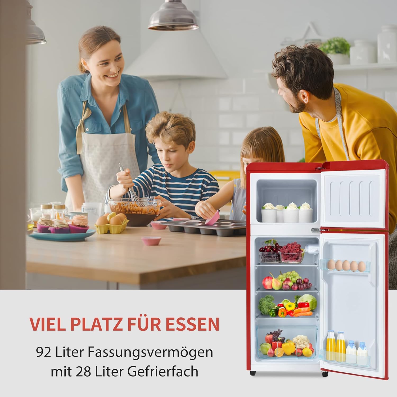 Merax Retro Kühlschrank 92L Kühl-Gefrierkombination, Zweitürig Mini Kühlschrank mit Gefrierfach 28L,Kühlschrank Freistehend, 7 Temperaturstufen,41x105,5 cm - Rot — Ansicht 4