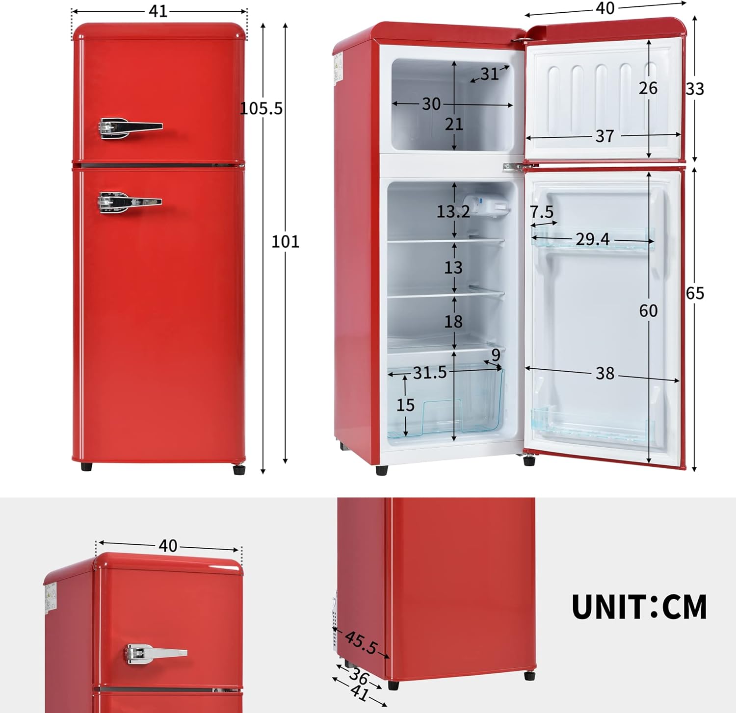 Merax Retro Kühlschrank 92L Kühl-Gefrierkombination, Zweitürig Mini Kühlschrank mit Gefrierfach 28L,Kühlschrank Freistehend, 7 Temperaturstufen,41x105,5 cm - Rot — Ansicht 6