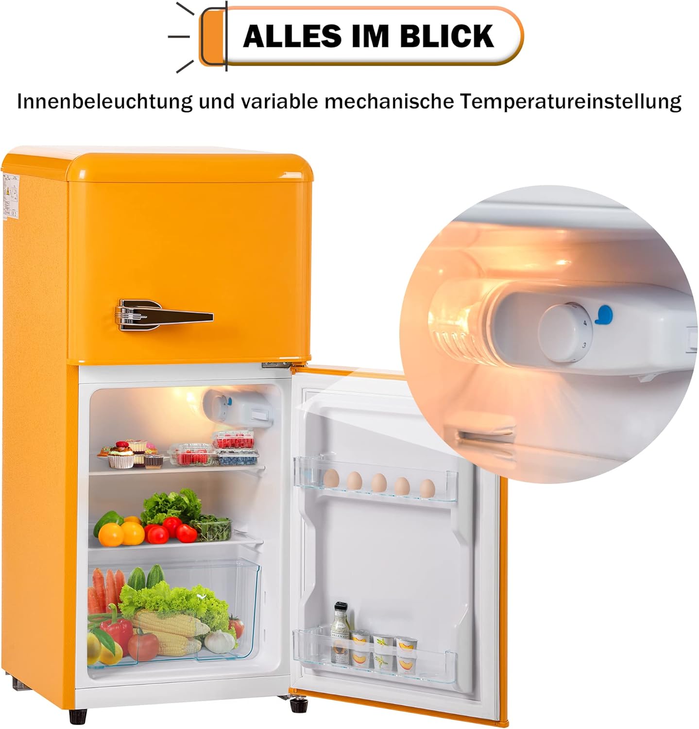 Merax Retro-Kühlschrank Gefrierkombination: Zweittürig, 86,8 cm hoch, 45,5 cm breit, 60 Liter Gesamtvolumen,Gelb — Ansicht 2
