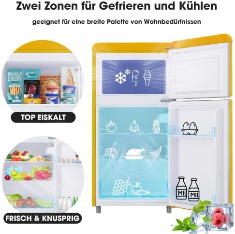 Merax Retro Kühlschrank mit Gefrierfach – 72L Mini Kühlschrank, 21L Gefrierfach, 51L Kühlfach, 120 kWh/Jahr, Energieeffizienzklasse E, LED-Licht, Gelb — Ansicht 3