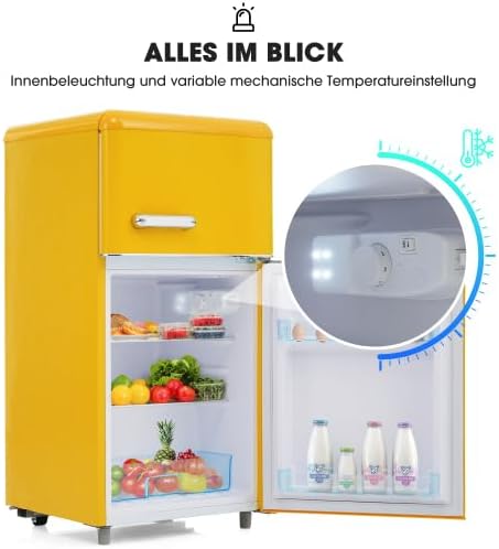 Merax Retro Kühlschrank mit Gefrierfach – 72L Mini Kühlschrank, 21L Gefrierfach, 51L Kühlfach, 120 kWh/Jahr, Energieeffizienzklasse E, LED-Licht, Gelb — Ansicht 5
