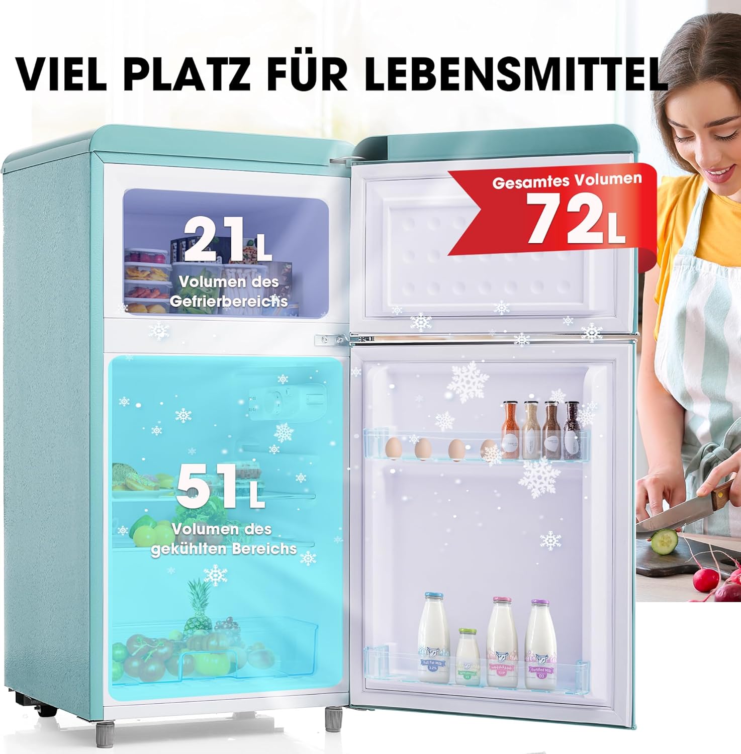 Merax Retro-Kühlschrank Mit Gefrierfach, 72L Mit 21 Liter Gefriervolumen, Klein Mit Gemüsefach, 120 kWh/Jahr, LED-Licht, Cyan — Ansicht 4