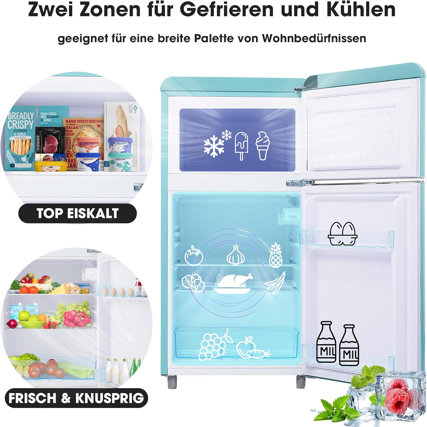 Merax Retro-Kühlschrank Mit Gefrierfach, 72L Mit 21 Liter Gefriervolumen, Klein Mit Gemüsefach, 120 kWh/Jahr, LED-Licht, Cyan — Ansicht 5